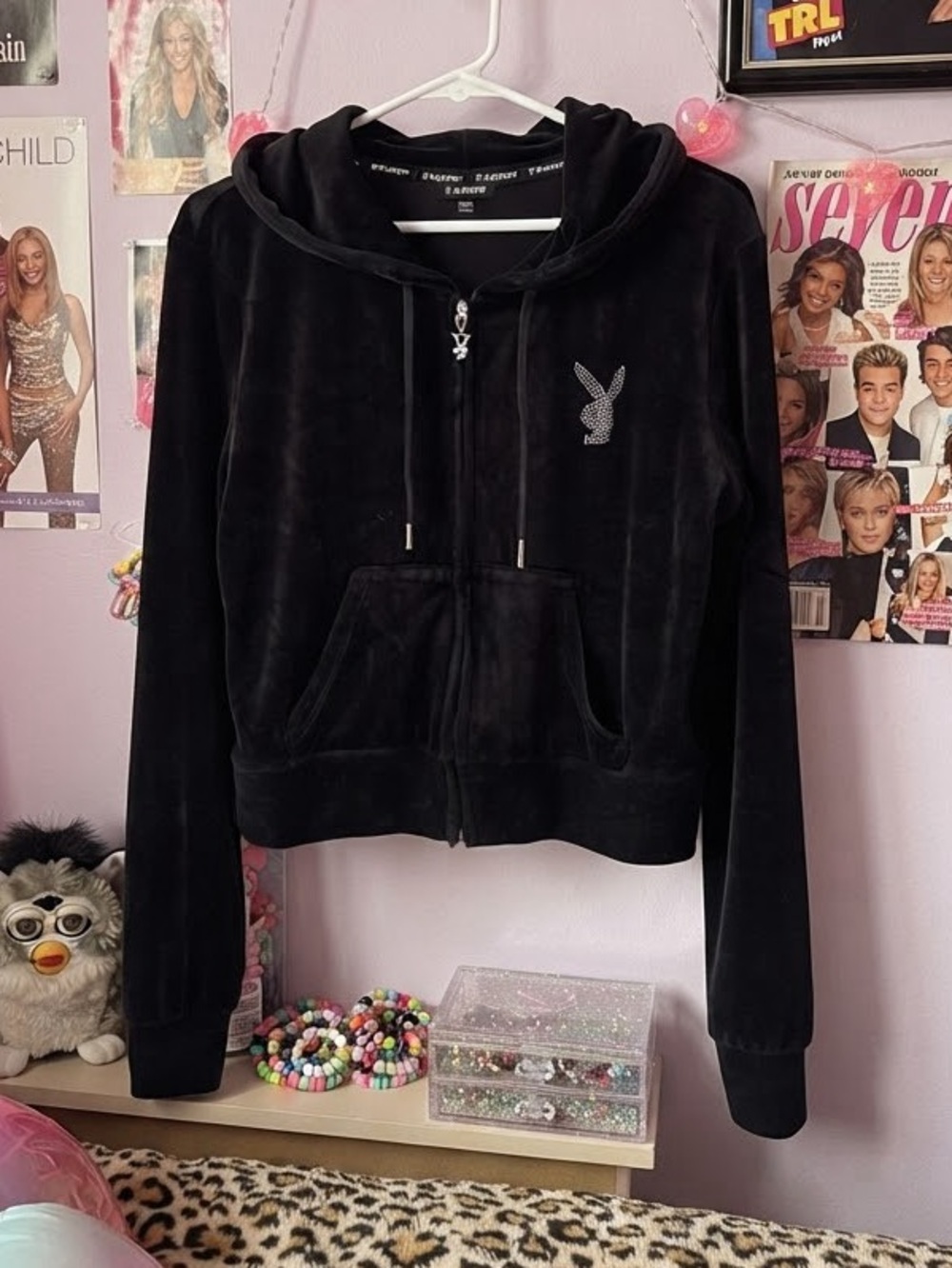 Playboy Black Velour Rhinestone Zip Up Hoodie Size Medium Y2K McBling